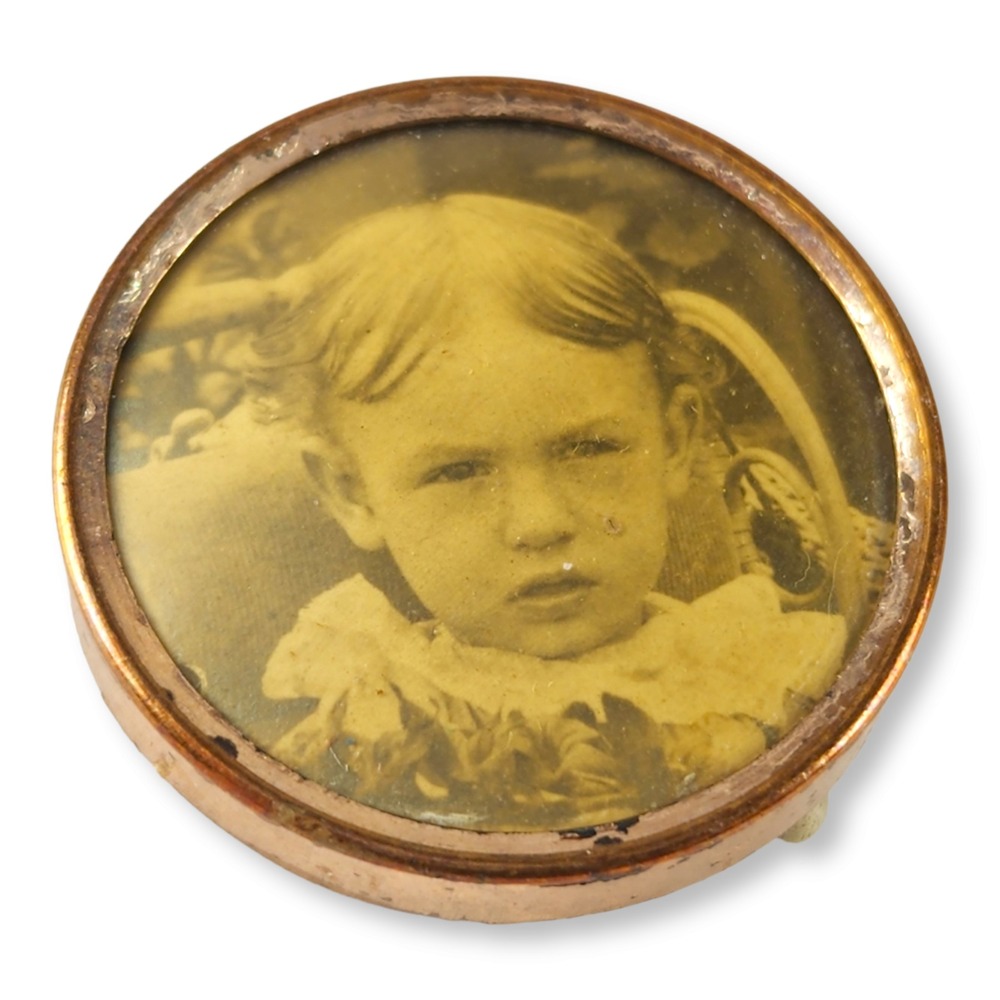 Antique Victorian Photo Brooch Pin Gold Filled Sepia Child Portrait 0.92"